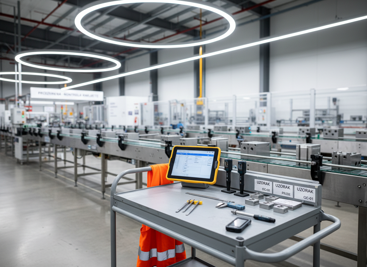 A bright, meticulously organized factory inspection scene, captured in photographic realism without any humans. In the foreground, a mobile inspection station stands beside a clean production line: a rugged tablet on a wheeled cart shows blurred quality-control checklists, next to precision measuring tools, labeled sample components, and a high-visibility safety vest draped over the side. The production line extends into the background with metal parts moving on conveyors, slightly out of focus. Overhead industrial lights cast clear, even illumination, creating crisp highlights on steel surfaces and soft shadows on the concrete floor. Shot at eye level with a moderate depth of field, the composition feels efficient, reliable, and detail-oriented, embodying supplier evaluation and quality control in Bosnian factories for Austrian companies.