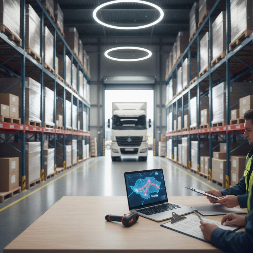 A detailed logistics coordination scene inside a modern warehouse, photographed with clean, realistic clarity. Tall shelving units loaded with neatly stacked, unbranded cardboard boxes form strong vertical lines on both sides, leading toward an open loading bay where a white transport truck is parked, softly blurred in the distance. In the foreground, a sturdy workstation holds a laptop with a stylized route map between Austria and Bosnia, a handheld barcode scanner, and a clipboard with checkboxes that are not legible. Cool natural daylight streams in from the loading bay, mixing with soft overhead warehouse lighting, creating a bright, efficient mood. Captured from a slightly elevated angle with strong depth, the scene emphasizes organized transport logistics and reliable shipment coordination.