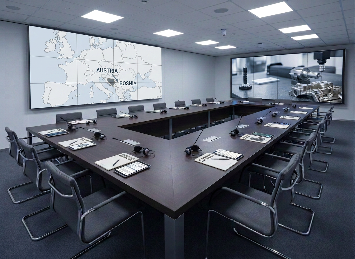 Nearshoring Beratung An industrial meeting setting represented without people: a long conference table made of matte dark wood, surrounded by clean, minimalist chairs, with neatly placed folders, tablets, and translation headsets arranged in pairs across the surface. At the far end, a large wall-mounted digital screen displays an abstract dashboard of quality metrics and supplier performance indicators, blurred enough to avoid readable text. Cool, diffused overhead lighting creates a balanced, shadow-free environment, reflecting softly on brushed metal fixtures. Photographed from a slightly elevated angle with sharp focus throughout, the mood is highly professional and structured, evoking cross-border negotiation, interpretation support, and dispute resolution in a nearshoring context.